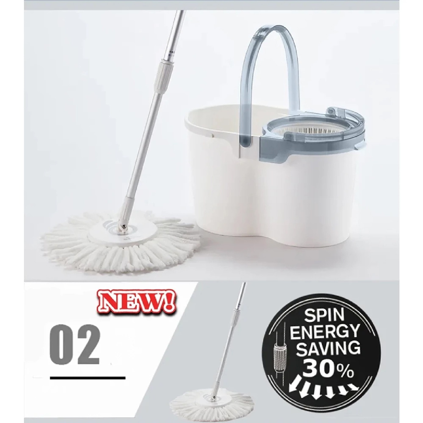 M500 White Spin Mop Set (Spin bucket, Hand Press Handle, 3 Standard Mop Heads, Warranty Card) 1s
