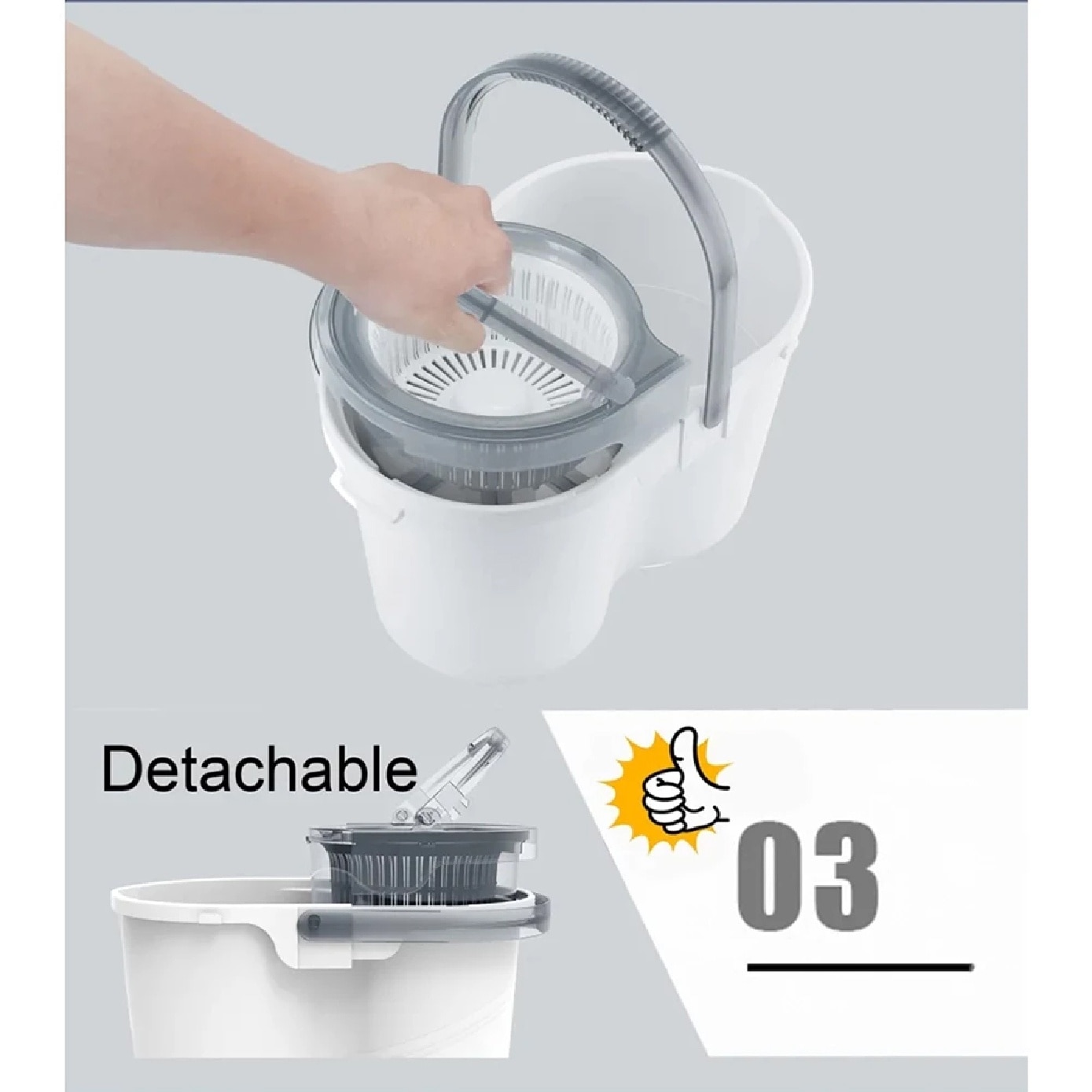 M500 White Spin Mop Set (Spin bucket, Hand Press Handle, 3 Standard Mop Heads, Warranty Card) 1s