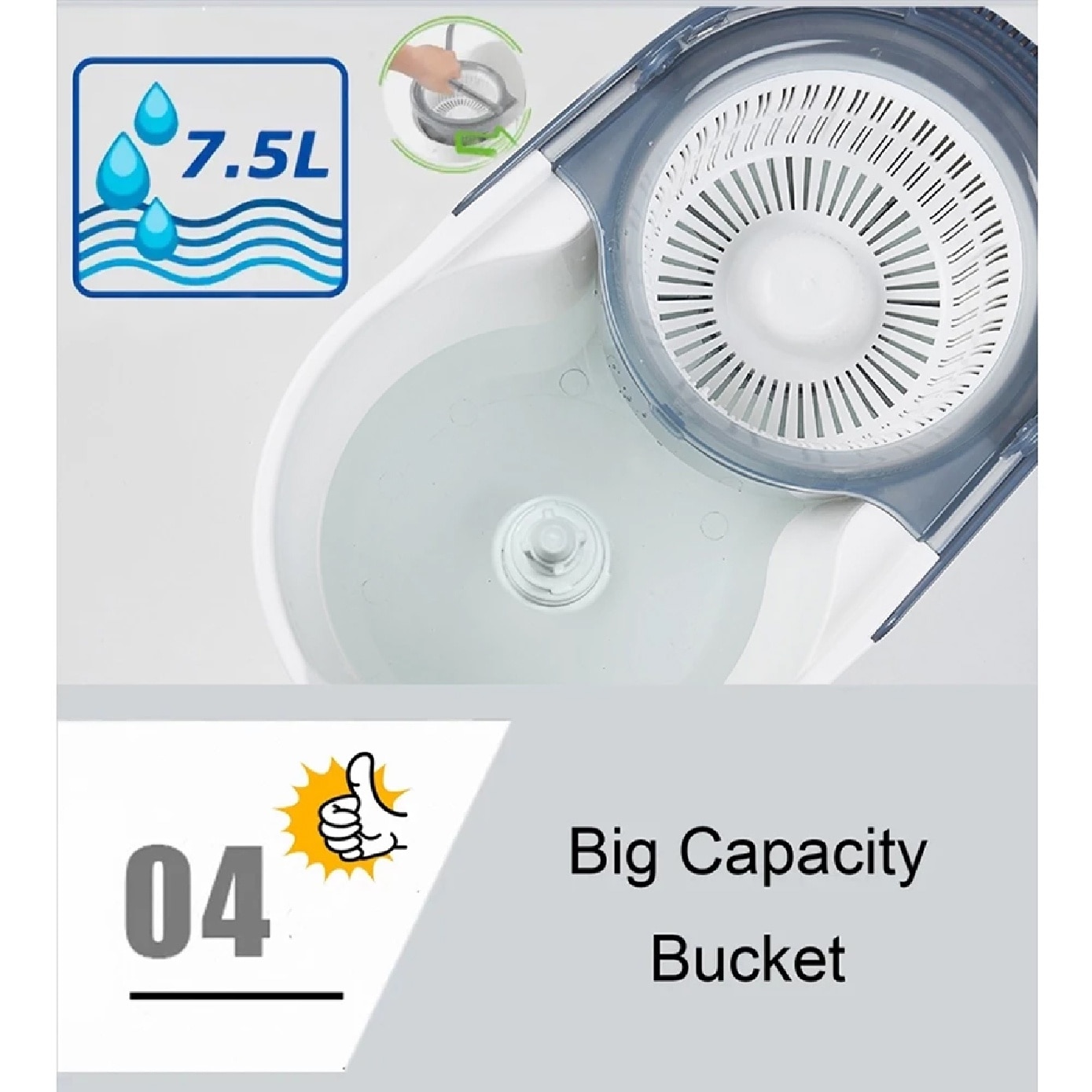 M500 White Spin Mop Set (Spin bucket, Hand Press Handle, 3 Standard Mop Heads, Warranty Card) 1s