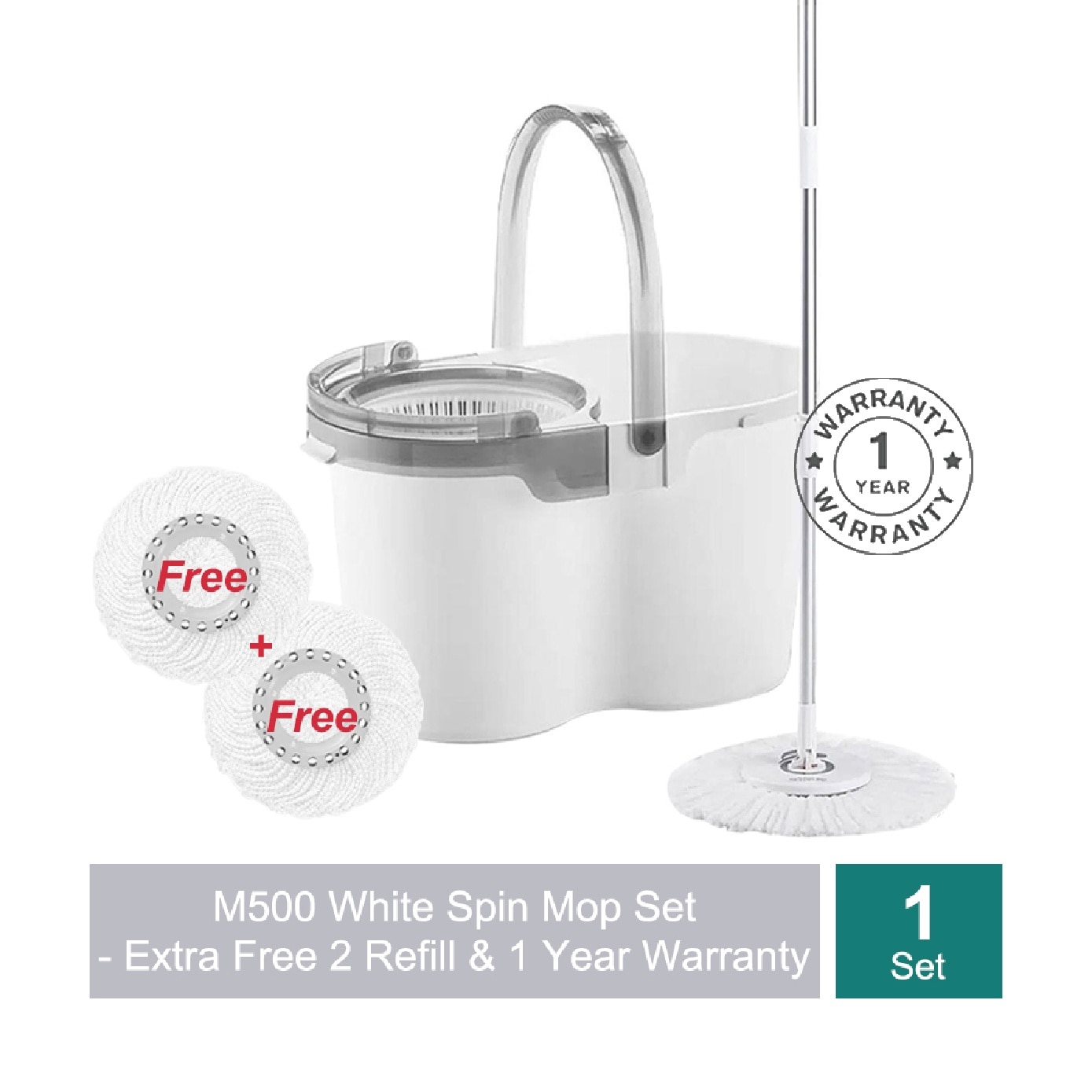 M500 White Spin Mop Set (Spin bucket, Hand Press Handle, 3 Standard Mop Heads, Warranty Card) 1s image