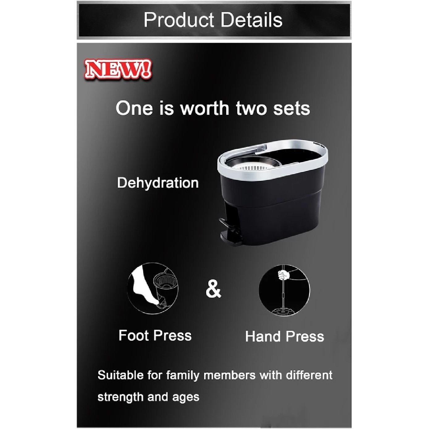 P600 Premium Black Spin Mop Set (Spin bucket, Hand Press Handle, 3 Standard Mop Heads, Warranty Card) 1s