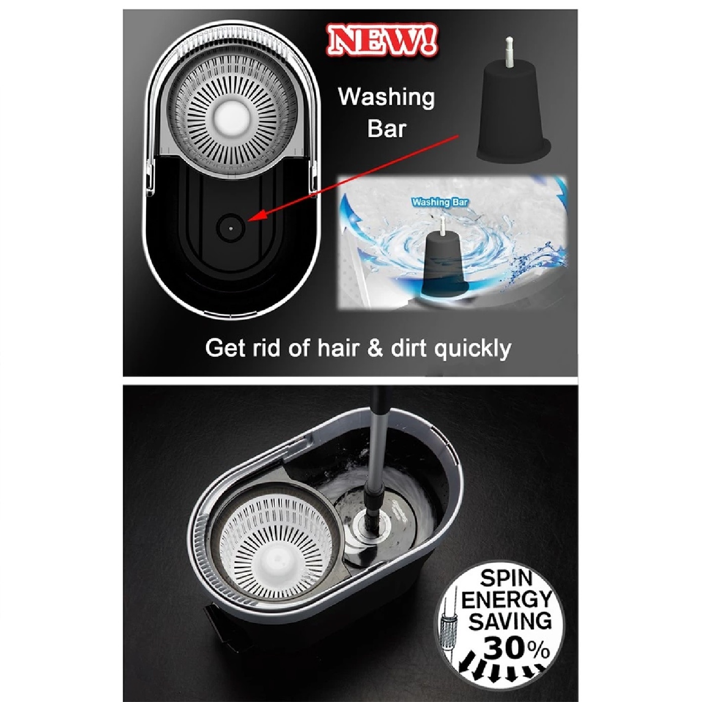 P600 Premium Black Spin Mop Set (Spin bucket, Hand Press Handle, 3 Standard Mop Heads, Warranty Card) 1s