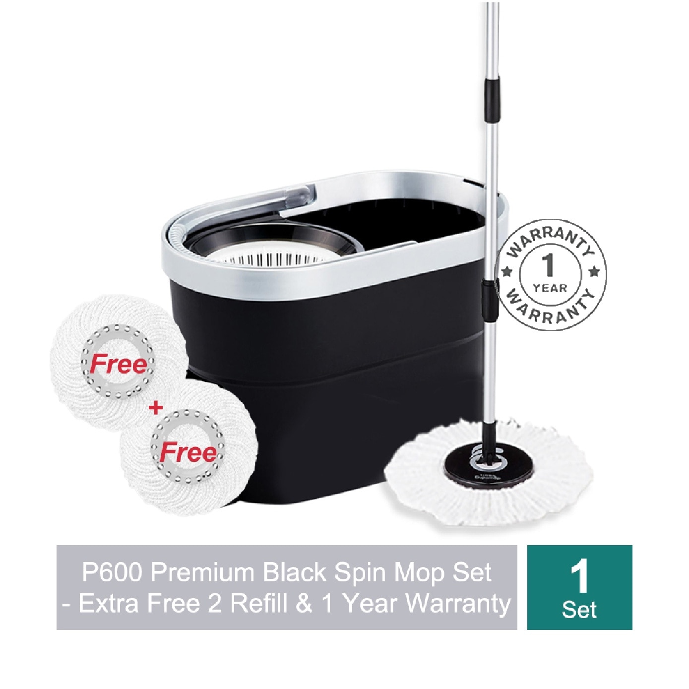 P600 Premium Black Spin Mop Set (Spin bucket, Hand Press Handle, 3 Standard Mop Heads, Warranty Card) 1s image