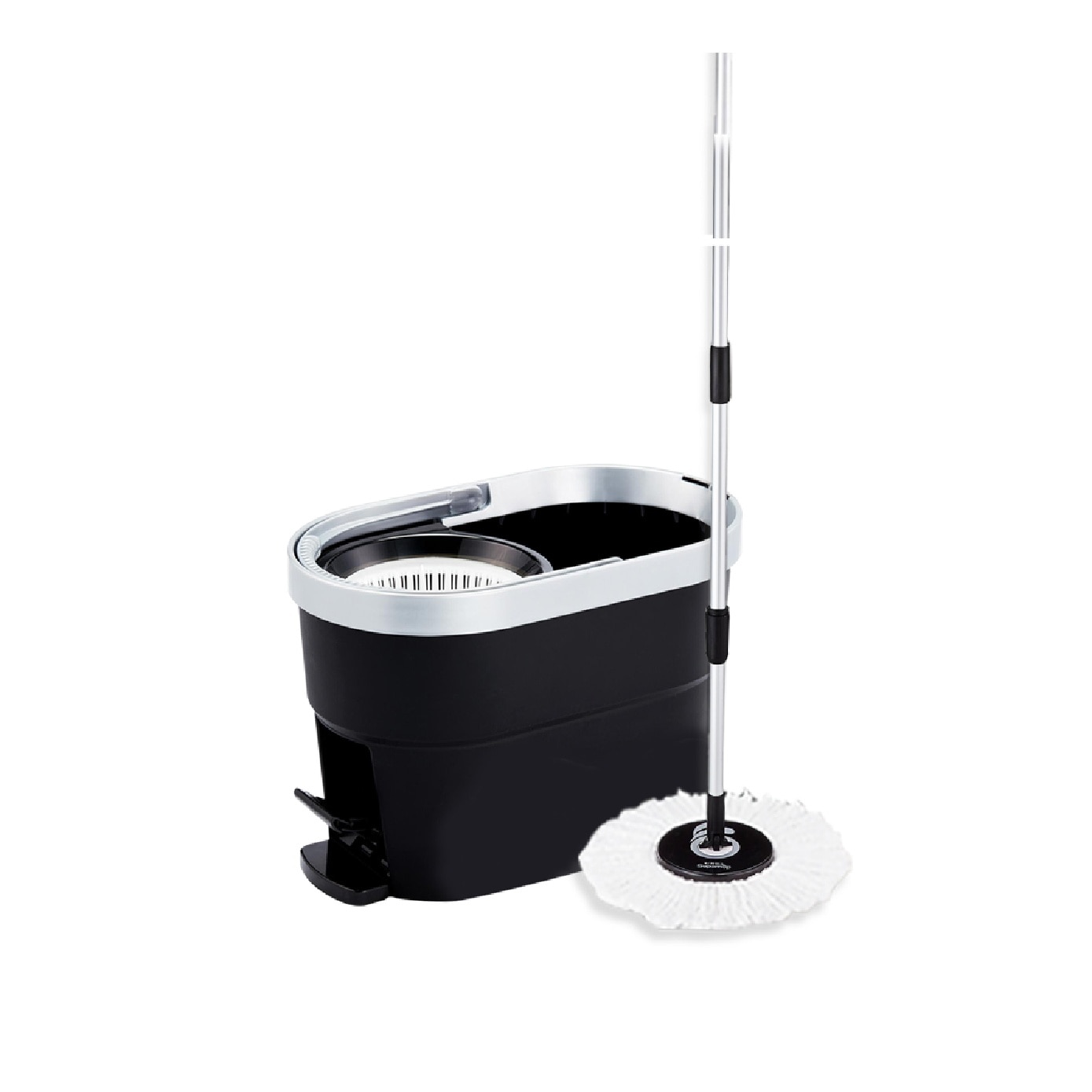 P600 Premium Black Spin Mop Set (Spin bucket, Hand Press Handle, 3 Standard Mop Heads, Warranty Card) 1s
