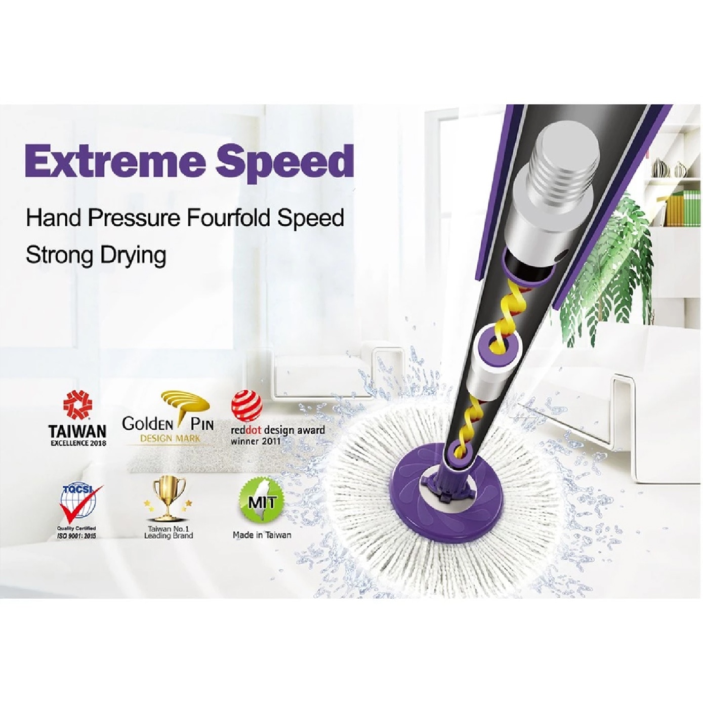 Sh350-8 Purple Spin Mop Set (spin bucket, hand press handle, 3 standard Mop Heads, pole, and warranty card) 1s