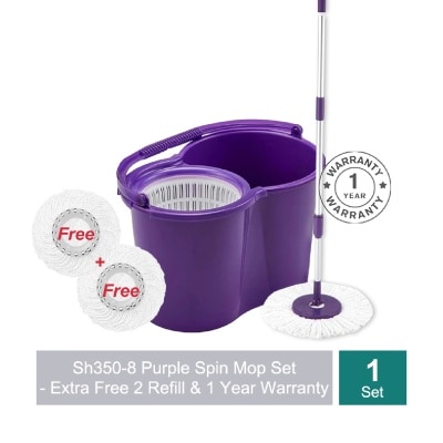 SUPAMOP Sh350 8 Purple Spin Mop Set (spin bucket, hand press handle, 3 standard Mop Heads, pole, and warranty card) 1s image