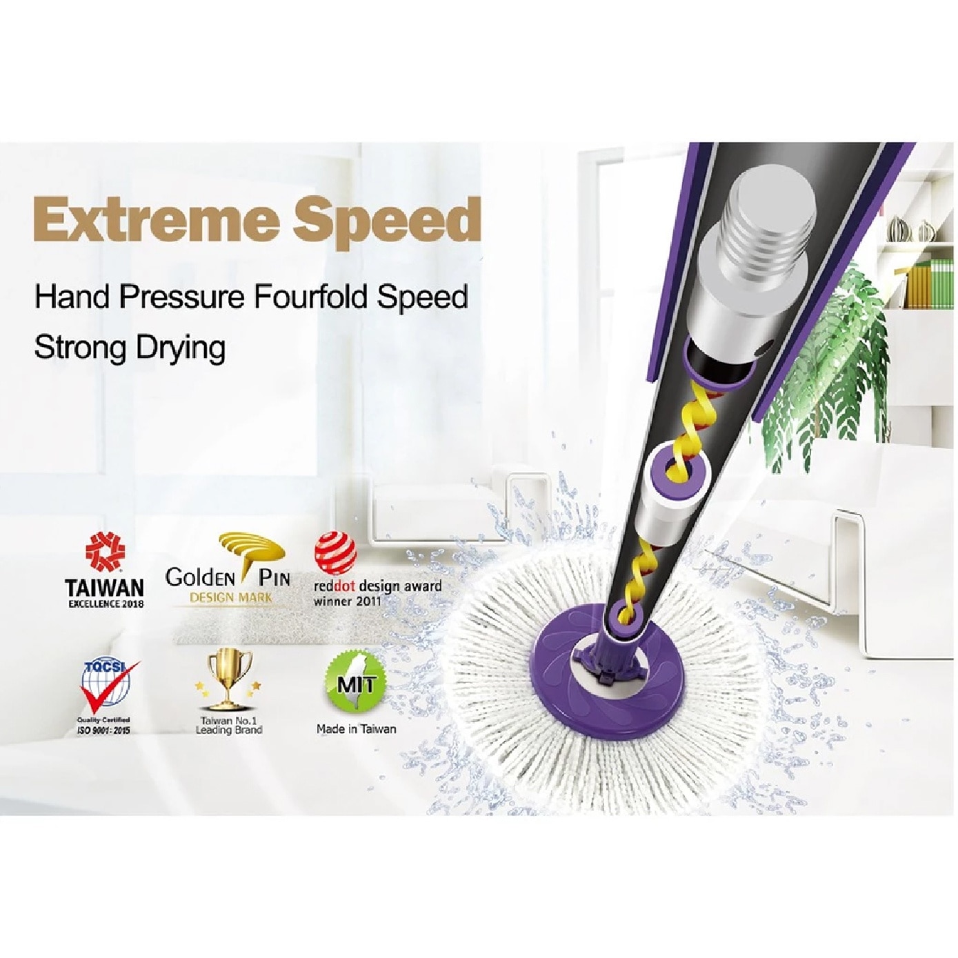 Sh350 Yellow Spin Mop Set (Spin Bucket, Hand Press Handle, 3 Standard Mop Heads, Pole, and Warranty Card) 1s