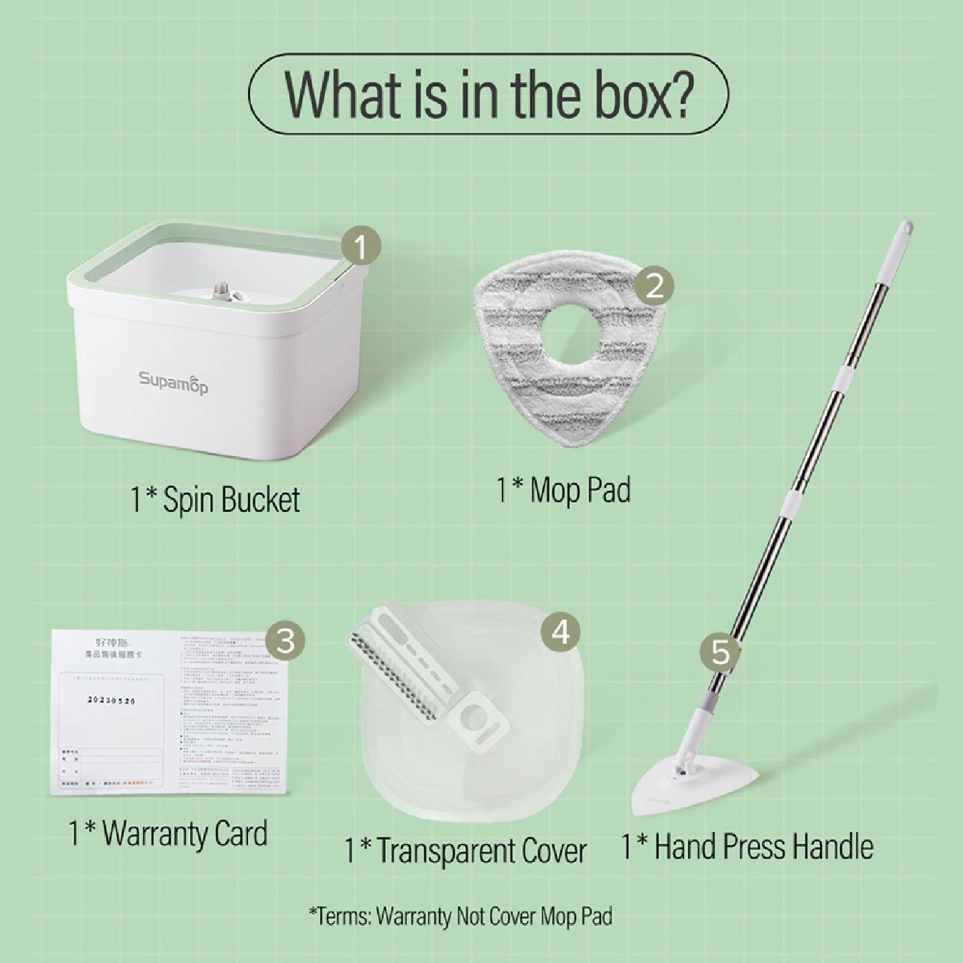 F104 Extremely Clean White & Green Spin Mop (Spin Bucket, Mop Pad, Hand Press Handle, Transparent Cover, Warranty Card) Set 1s