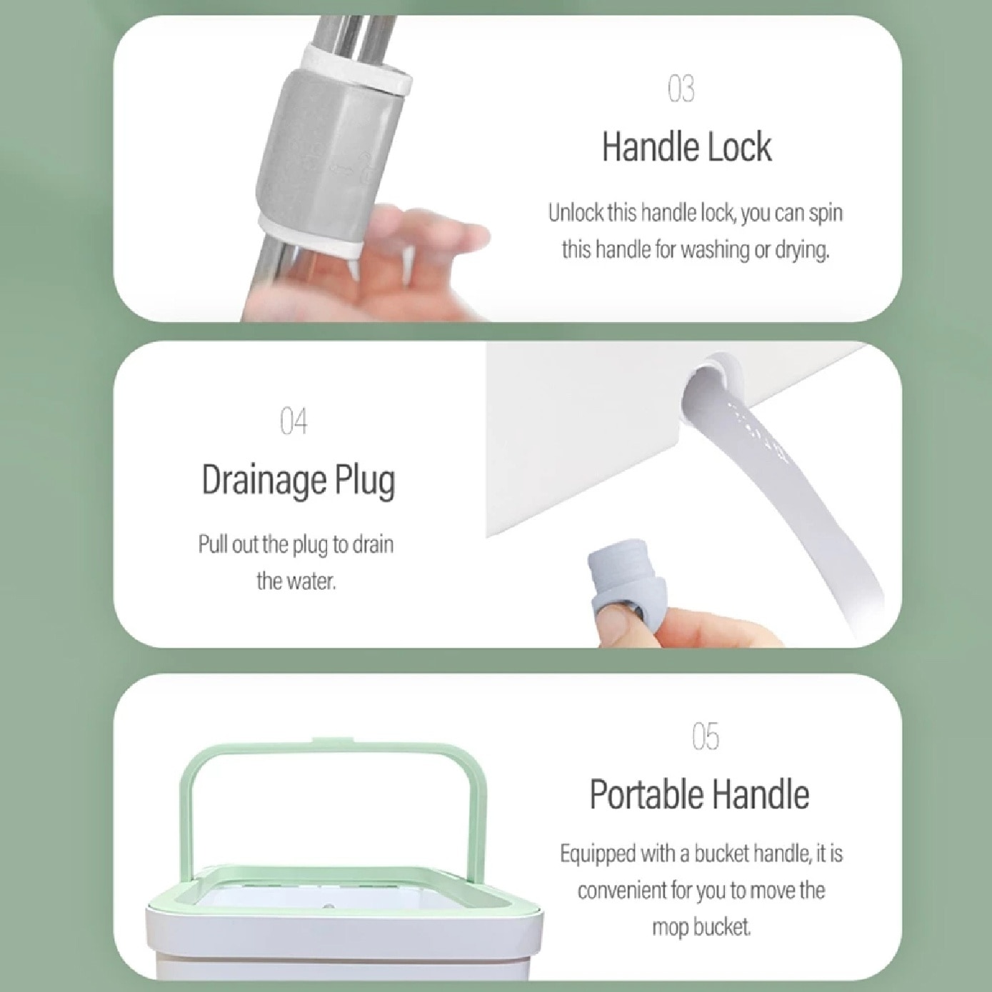 F104 Extremely Clean White & Green Spin Mop (Spin Bucket, Mop Pad, Hand Press Handle, Transparent Cover, Warranty Card) Set 1s