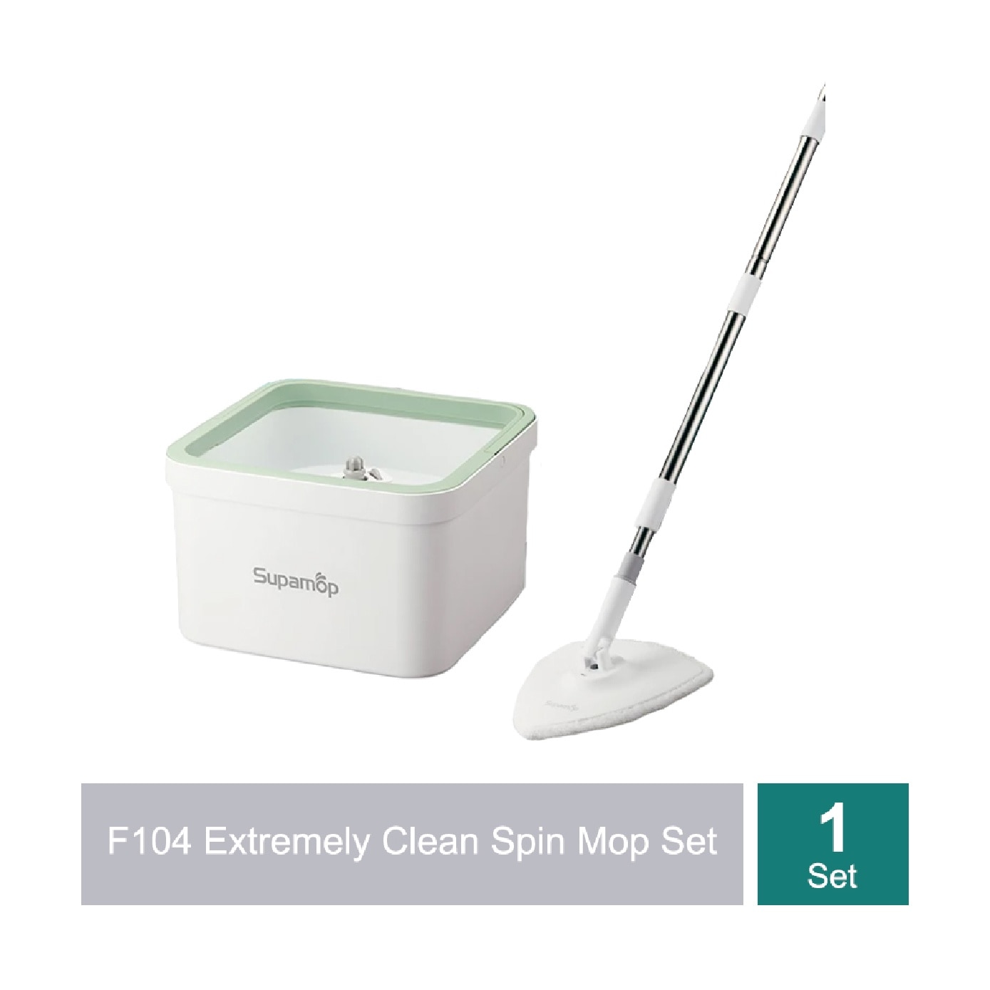 F104 Extremely Clean White & Green Spin Mop (Spin Bucket, Mop Pad, Hand Press Handle, Transparent Cover, Warranty Card) Set 1s