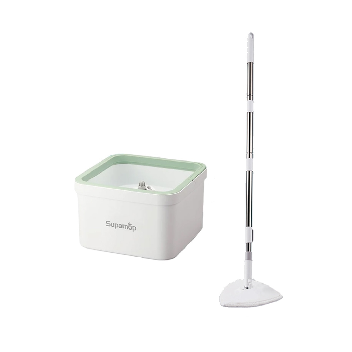 F104 Extremely Clean White & Green Spin Mop (Spin Bucket, Mop Pad, Hand Press Handle, Transparent Cover, Warranty Card) Set 1s