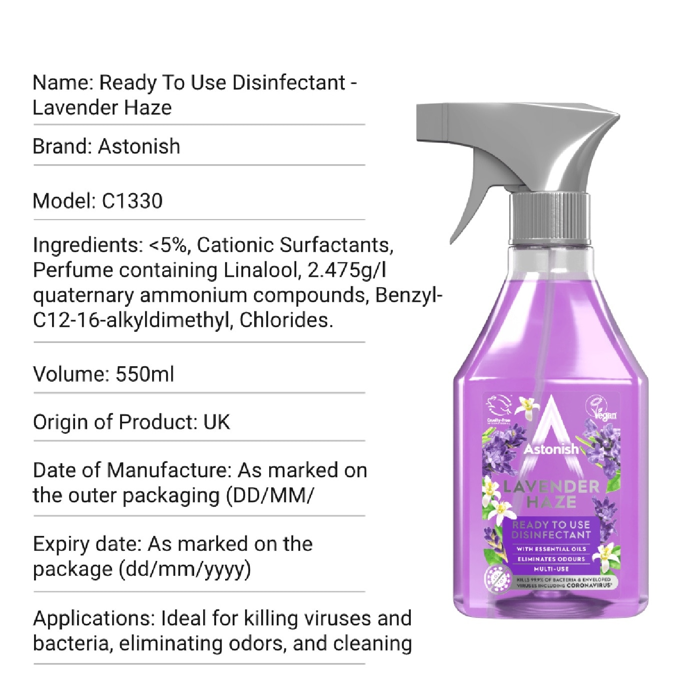 Ready to Use Disinfectant Lavender Haze 550ml