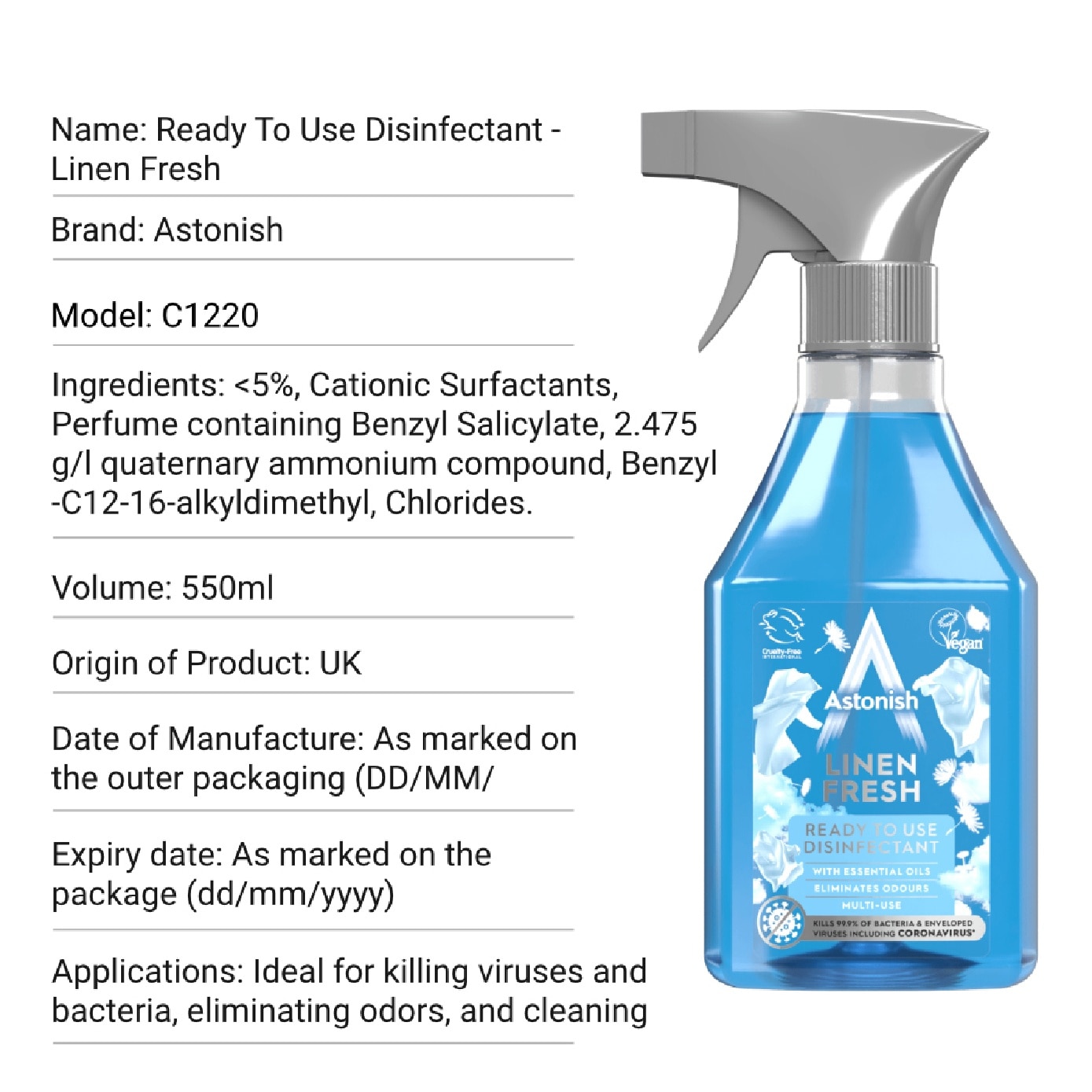Ready to Use Disinfectant Linen Fresh 550ml