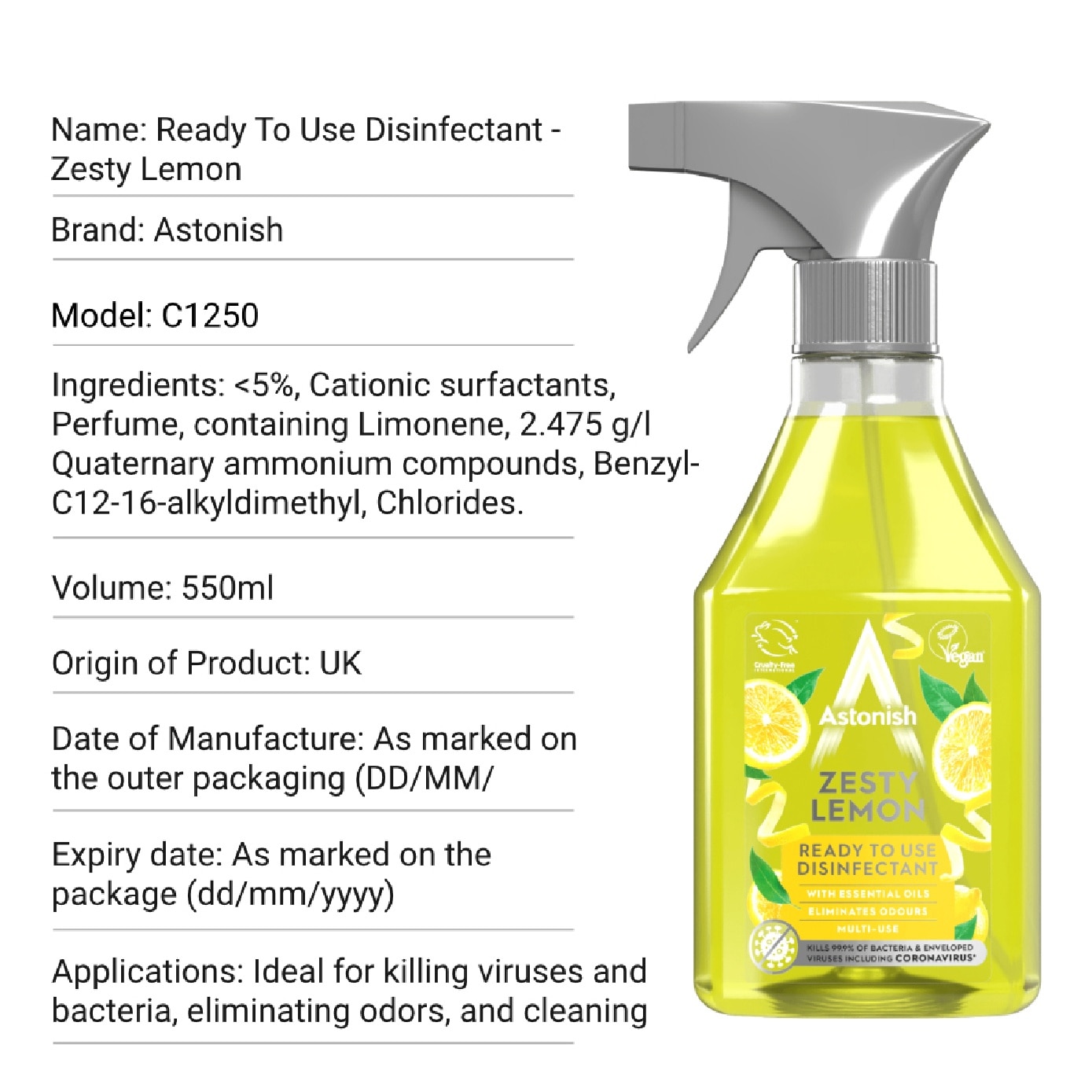 Ready to Use Disinfectant Zesty Lemon 550ml