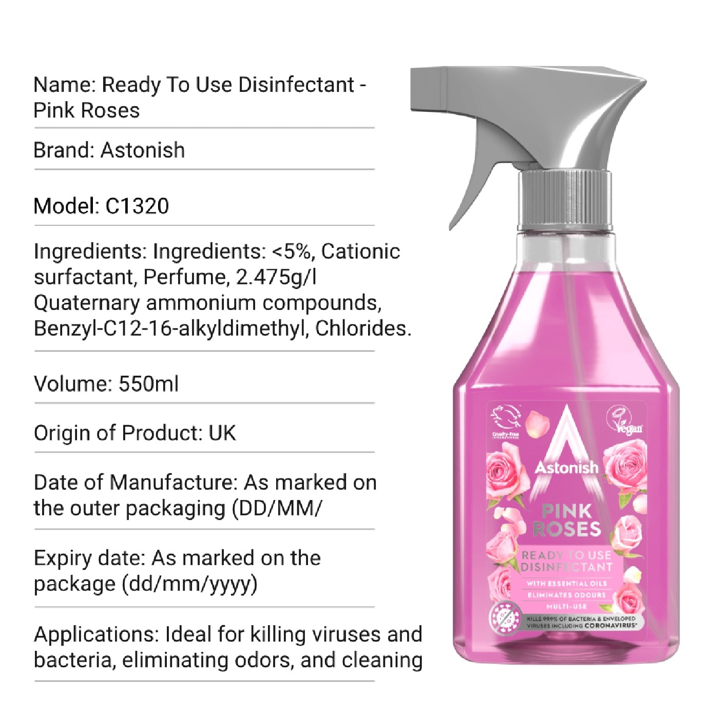 Ready to Use Disinfectant Pink Roses 550ml