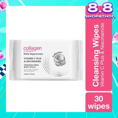 COLLAGEN BY WATSONS White Regeneration Vitamin C Plus & Niacinamide Cleansing Wipes (Vegan Collagen, Made in Korea) 30 Wipes