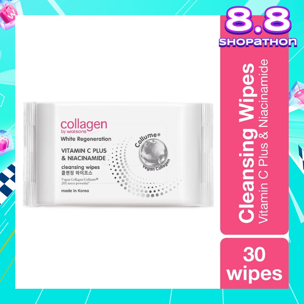 White Regeneration Vitamin C Plus & Niacinamide Cleansing Wipes (Vegan Collagen, Made in Korea) 30 Wipes