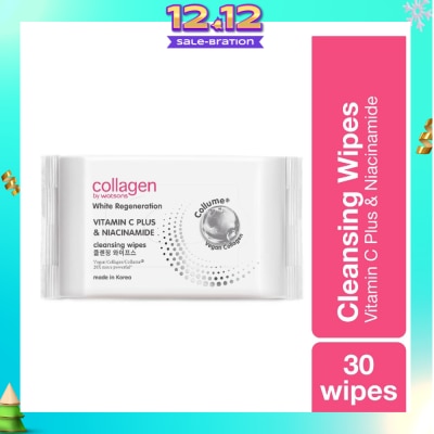 COLLAGEN BY WATSONS White Regeneration Vitamin C Plus & Niacinamide Cleansing Wipes (Vegan Collagen, Made in Korea) 30 Wipes