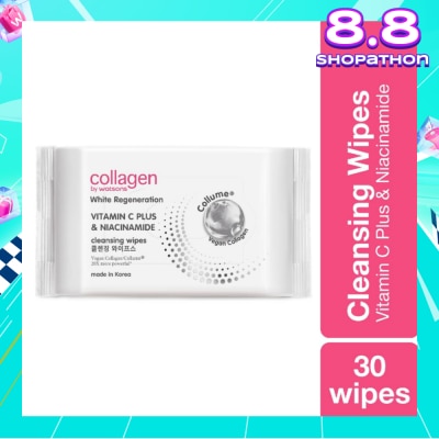 COLLAGEN BY WATSONS White Regeneration Vitamin C Plus & Niacinamide Cleansing Wipes (Vegan Collagen, Made in Korea) 30 Wipes