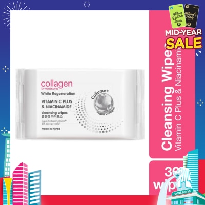 COLLAGEN BY WATSONS White Regeneration Vitamin C Plus & Niacinamide Cleansing Wipes (Vegan Collagen, Made in Korea) 30 Wipes