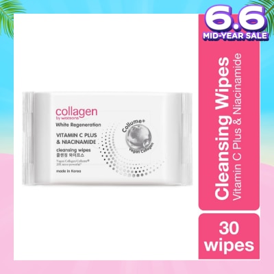 COLLAGEN BY WATSONS White Regeneration Vitamin C Plus & Niacinamide Cleansing Wipes (Vegan Collagen, Made in Korea) 30 Wipes