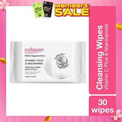 COLLAGEN BY WATSONS White Regeneration Vitamin C Plus & Niacinamide Cleansing Wipes (Vegan Collagen, Made in Korea) 30 Wipes