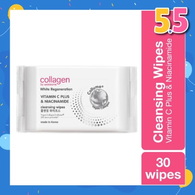 COLLAGEN BY WATSONS White Regeneration Vitamin C Plus & Niacinamide Cleansing Wipes (Vegan Collagen, Made in Korea) 30 Wipes