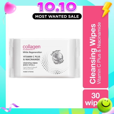 COLLAGEN BY WATSONS White Regeneration Vitamin C Plus & Niacinamide Cleansing Wipes (Vegan Collagen, Made in Korea) 30 Wipes image