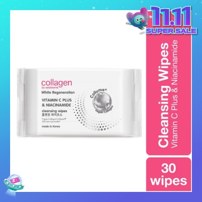 COLLAGEN BY WATSONS White Regeneration Vitamin C Plus & Niacinamide Cleansing Wipes (Vegan Collagen, Made in Korea) 30 Wipes
