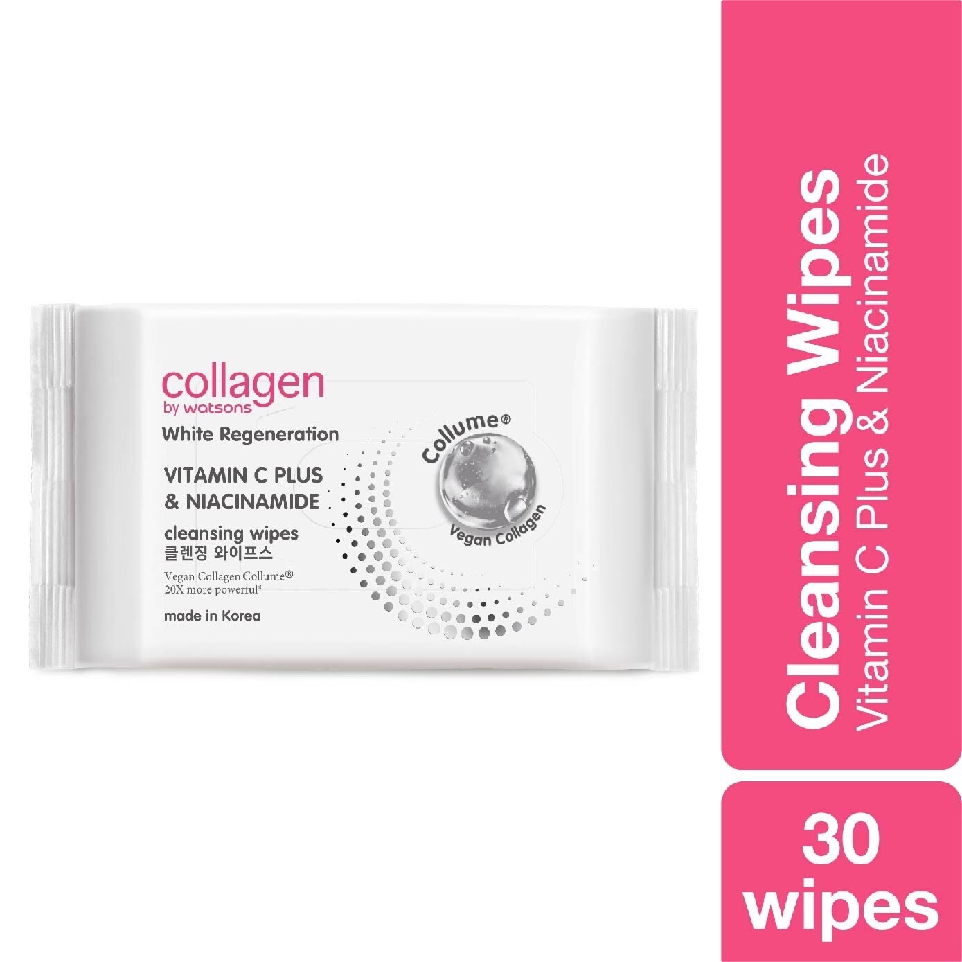 White Regeneration Vitamin C Plus & Niacinamide Cleansing Wipes (Vegan Collagen, Made in Korea) 30 Wipes