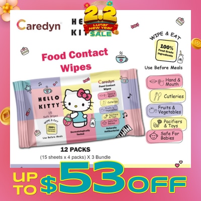 CAREDYN Ft Hello Kitty Food Contact Wipes 15s x 4 Pack