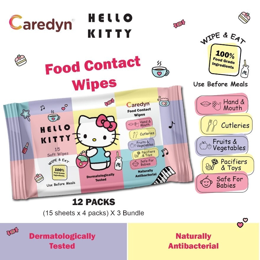 Ft Hello Kitty Food Contact Wipes 15s x 4 Pack