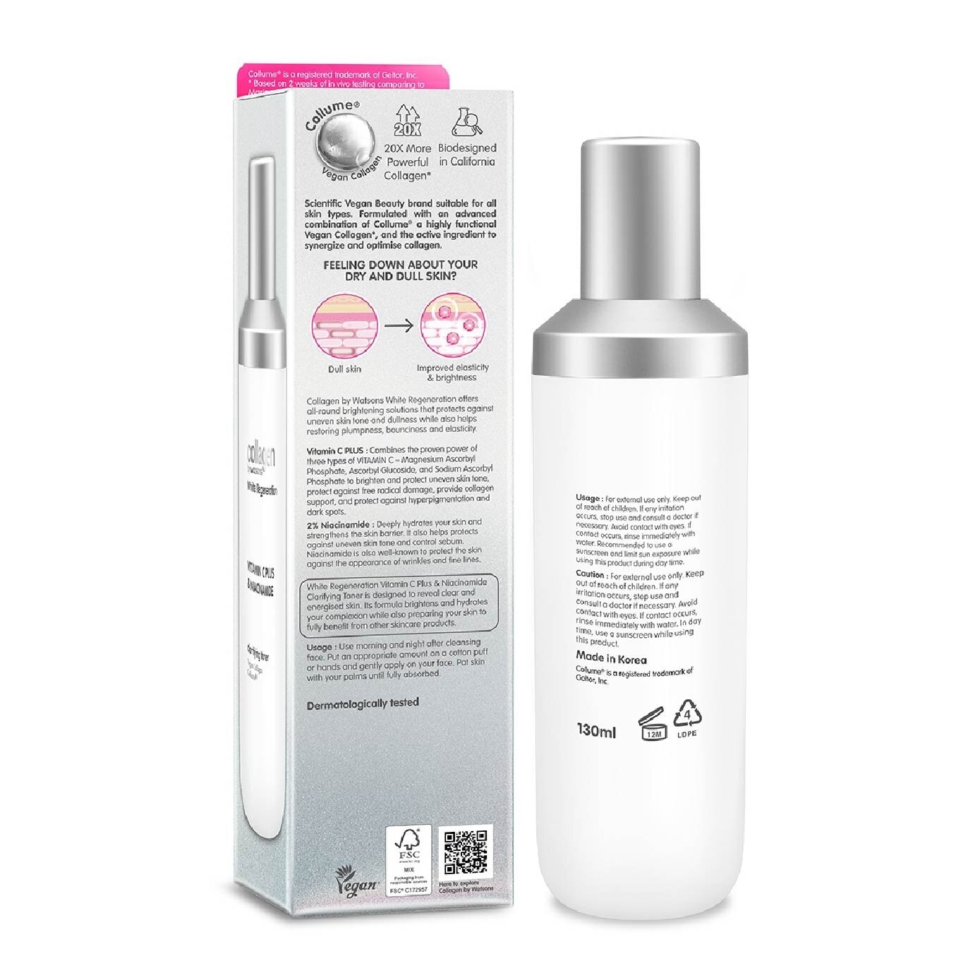 White Regeneration Vitamin C Plus & Niacinamide Clarifying Toner (Vegan Collagen, Made in Korea) 130ml