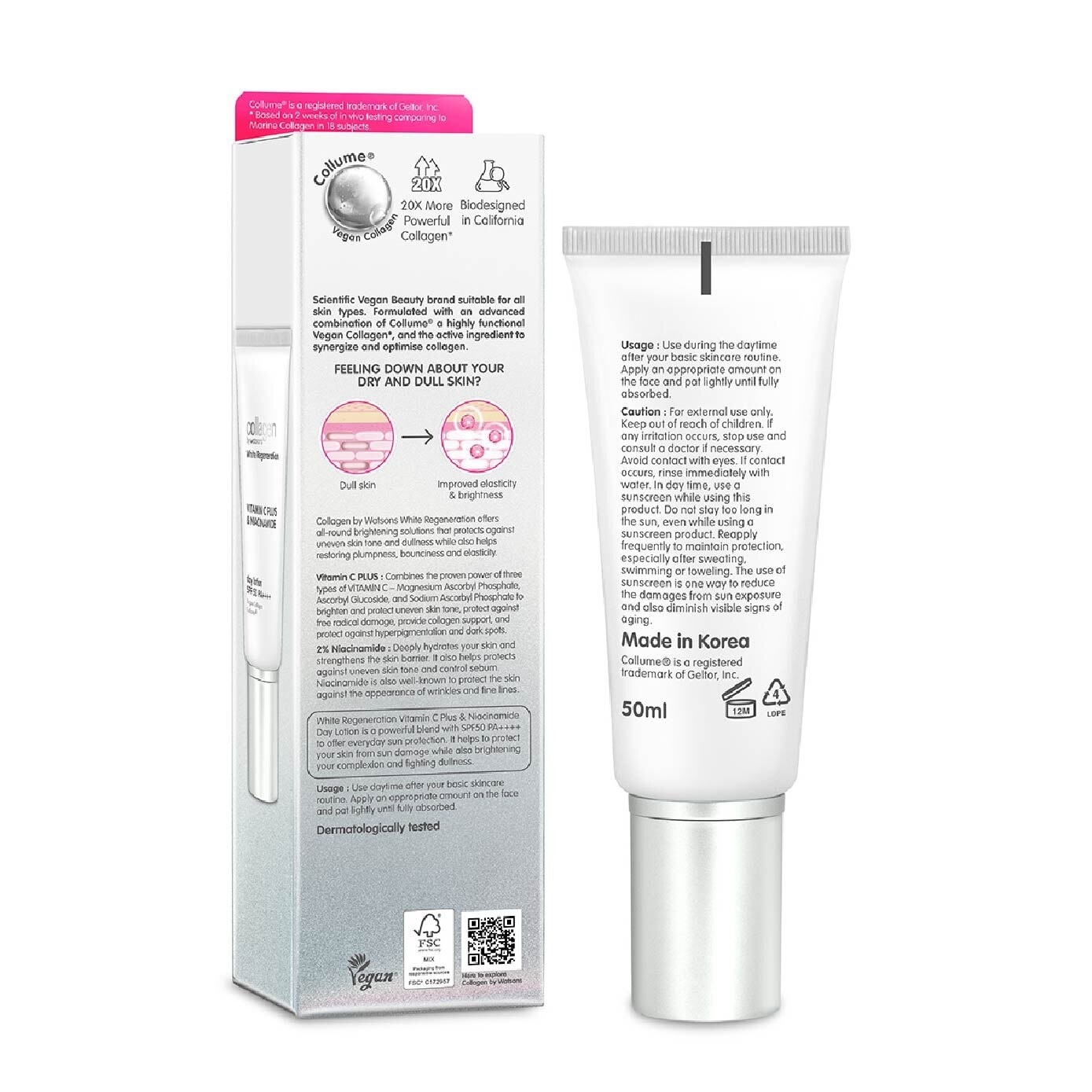 White Regeneration Vitamin C Plus & Niacinamide Day Lotion SPF 50 PA++++ (Vegan Collagen, Made in Korea) 50ml
