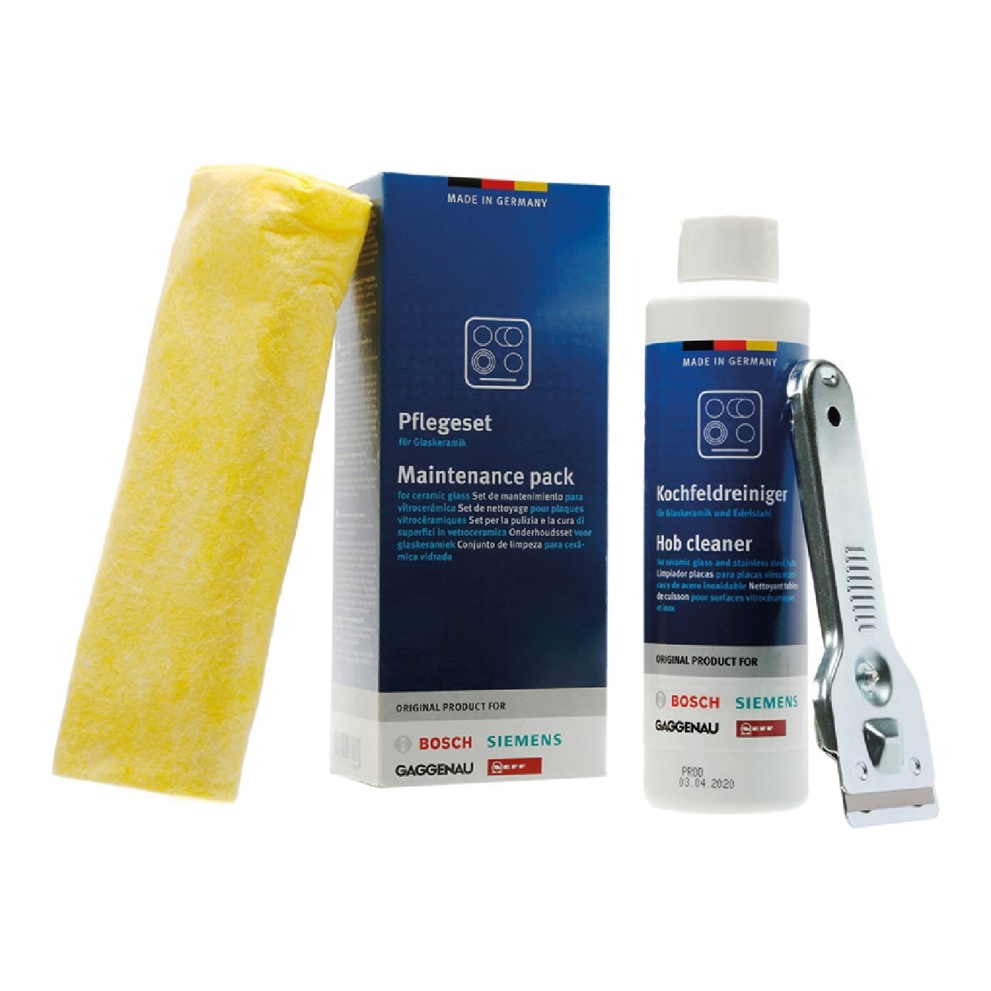 Maintenance Packset For Ceramic Glass & Induction Hob Consists Hob Cleaner Solution 250ml + Glass Scraper 1s + Cleaning Cloth 1s