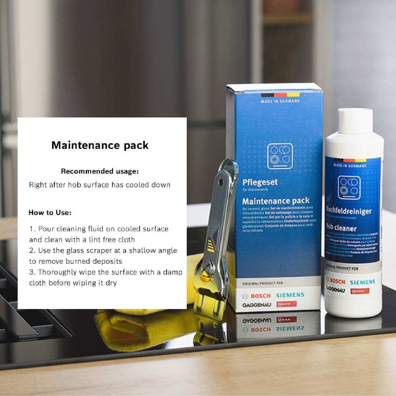 Maintenance Packset For Ceramic Glass & Induction Hob Consists Hob Cleaner Solution 250ml + Glass Scraper 1s + Cleaning Cloth 1s