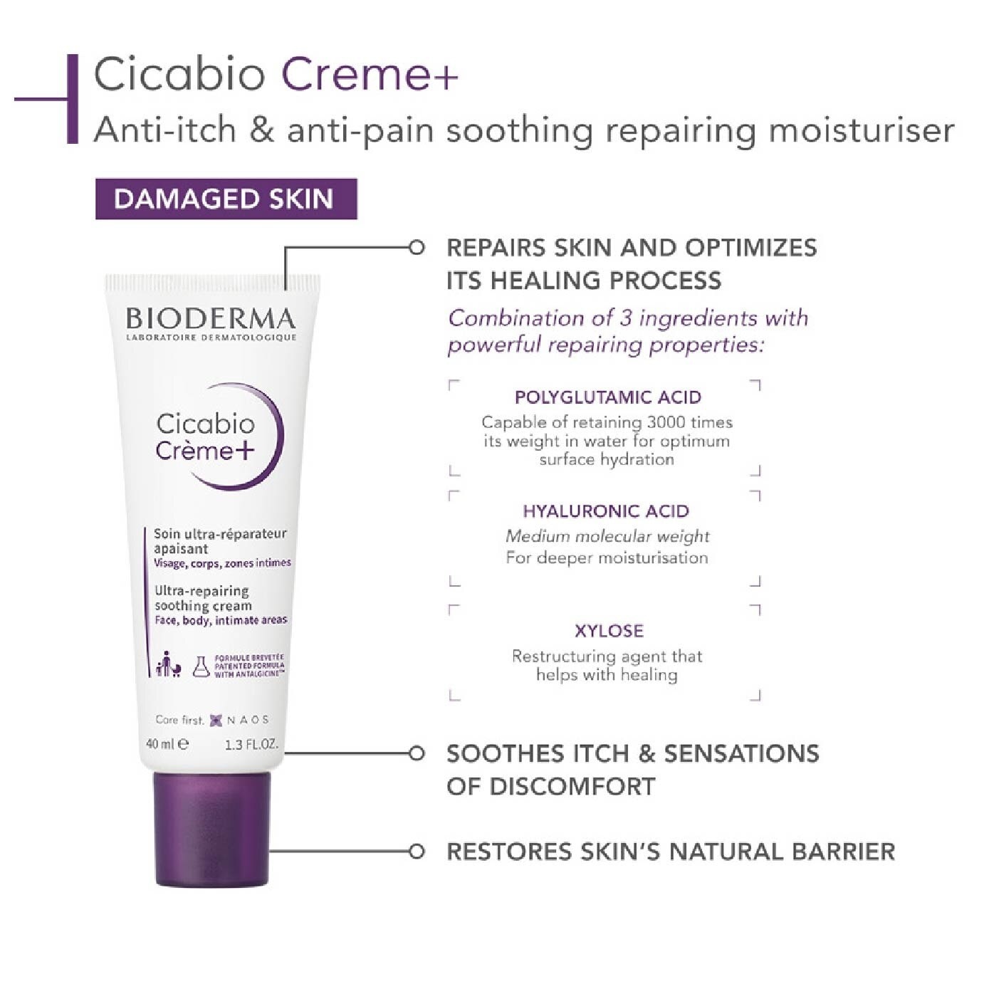 Cicabio Crème+ Anti-itch & Anti-pain Soothing and Skin Repairing Moisturiser (Damaged Skin) 40ml