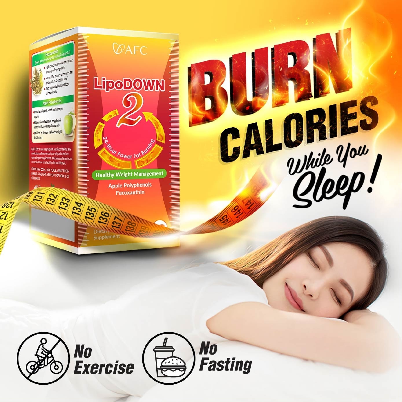 LipoDown2 Metabolism & Weight Management Softgel with Fucoxanthin Apple Polyphenol (24 Hours Fat Burning, 100% Natural) 60s