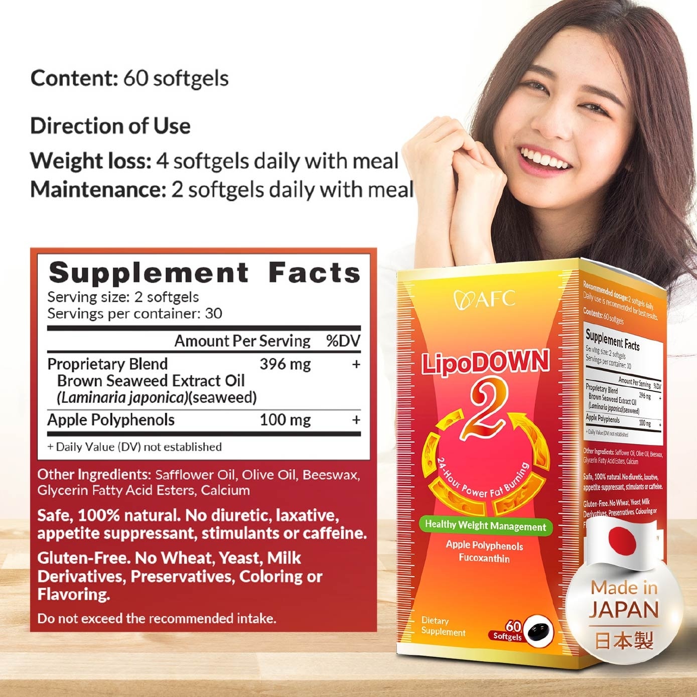 LipoDown2 Metabolism & Weight Management Softgel with Fucoxanthin Apple Polyphenol (24 Hours Fat Burning, 100% Natural) 60s