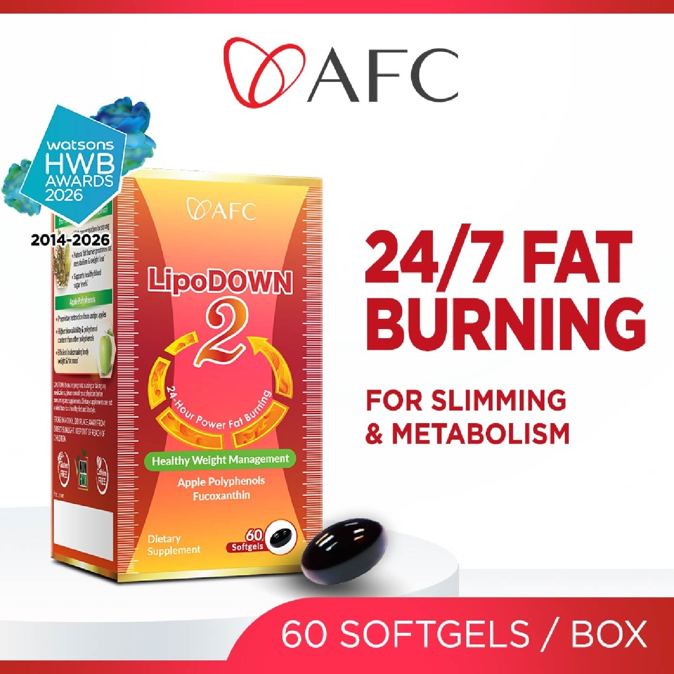 LipoDown2 Metabolism & Weight Management Softgel with Fucoxanthin Apple Polyphenol (24 Hours Fat Burning, 100% Natural) 60s