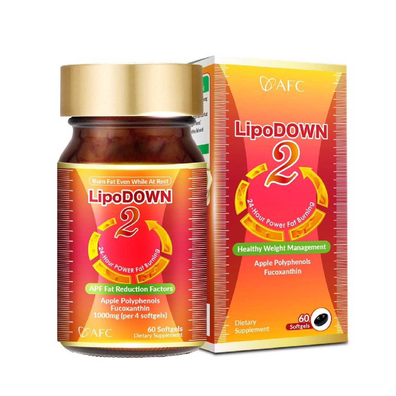 LipoDown2 Metabolism & Weight Management Softgel with Fucoxanthin Apple Polyphenol (24 Hours Fat Burning, 100% Natural) 60s