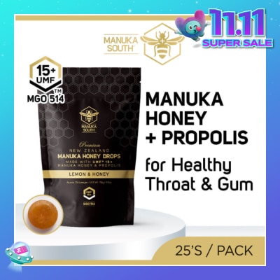 MANUKA SOUTH UMF15+ Manuka Honey DROPS with Propolis Lozenges (For Cough + Flu + Sore Throat + Ulcer + Gum + Bad Breath + Immunity Support) 25s