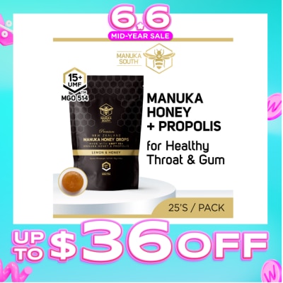 MANUKA SOUTH - UMF15+ Manuka Honey DROPS with Propolis Lozenges (For Cough + Flu + Sore Throat + Ulcer + Gum + Bad Breath + Immunity Support) 25s (Expiry: Apr`2027)