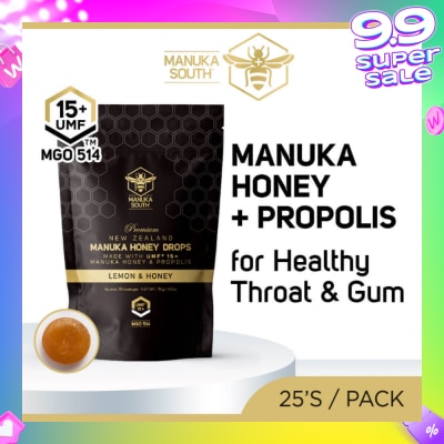 MANUKA SOUTH UMF15+ Manuka Honey DROPS with Propolis Lozenges (For Cough + Flu + Sore Throat + Ulcer + Gum + Bad Breath + Immunity Support) 25s