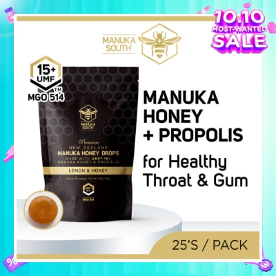 MANUKA SOUTH UMF15+ Manuka Honey DROPS with Propolis Lozenges (For Cough + Flu + Sore Throat + Ulcer + Gum + Bad Breath + Immunity Support) 25s