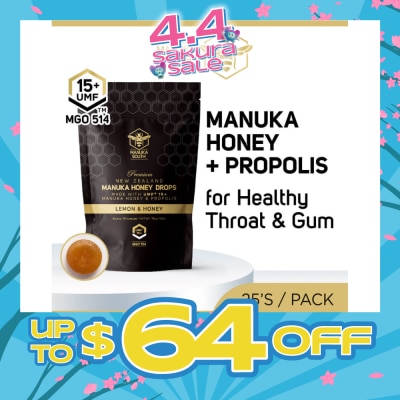 MANUKA SOUTH - UMF15+ Manuka Honey DROPS with Propolis Lozenges (For Cough + Flu + Sore Throat + Ulcer + Gum + Bad Breath + Immunity Support) 25s