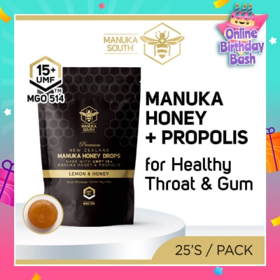 MANUKA SOUTH UMF15+ Manuka Honey DROPS with Propolis Lozenges (For Cough + Flu + Sore Throat + Ulcer + Gum + Bad Breath + Immunity Support) 25s