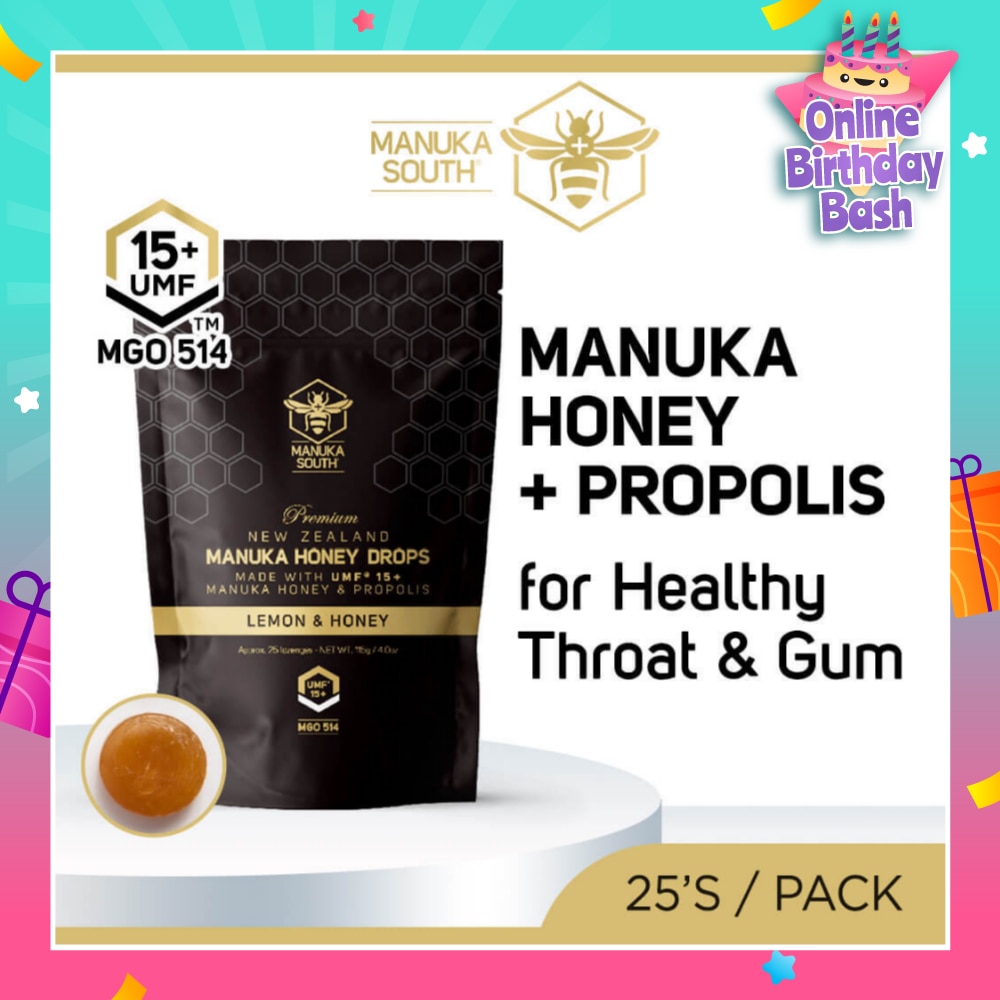 UMF15+ Manuka Honey DROPS with Propolis Lozenges (For Cough + Flu + Sore Throat + Ulcer + Gum + Bad Breath + Immunity Support) 25s