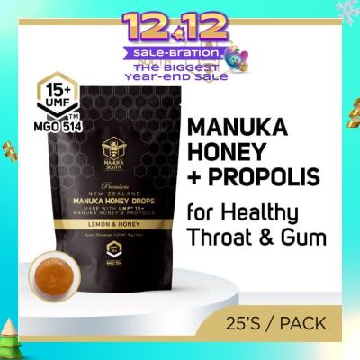 MANUKA SOUTH UMF15+ Manuka Honey DROPS with Propolis Lozenges (For Cough + Flu + Sore Throat + Ulcer + Gum + Bad Breath + Immunity Support) 25s