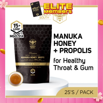 MANUKA SOUTH UMF15+ Manuka Honey DROPS with Propolis Lozenges (For Cough + Flu + Sore Throat + Ulcer + Gum + Bad Breath + Immunity Support) 25s
